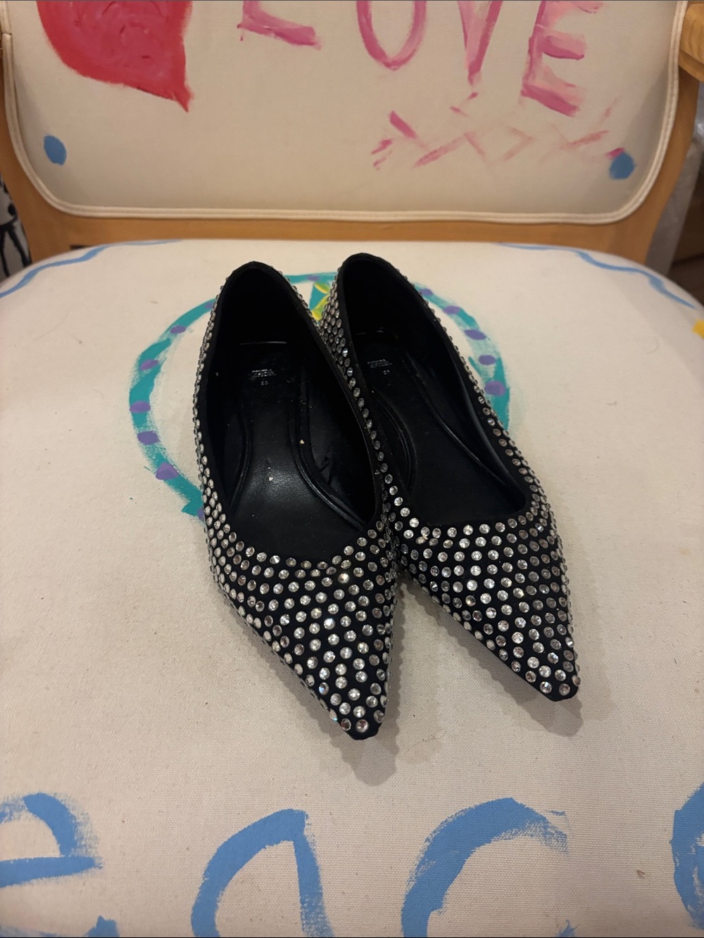 Zara Black Pointed-Toe Flats with Silver Studs